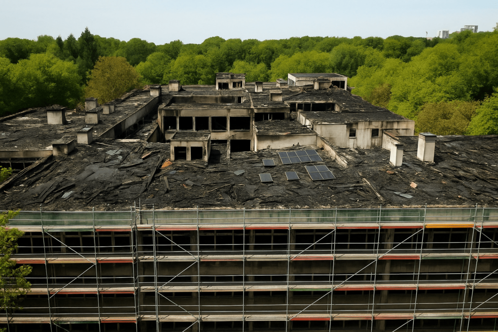 Luftaufnahme eines ausgebrannten Schulgebäudes mit zerstörter Dachfläche und beschädigten PV-Modulen – Symbolbild für die Risiken ungeprüfter Solaranlagen