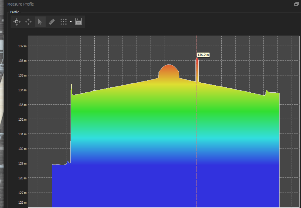 Farbcodiertes Höhenprofil über ein Industriedach mit markierten Hindernissen – genaue Maximalhöhe eines Lüfters bei 135,7 m zur sicheren Planung von PV-Anlagen und Dacharbeiten