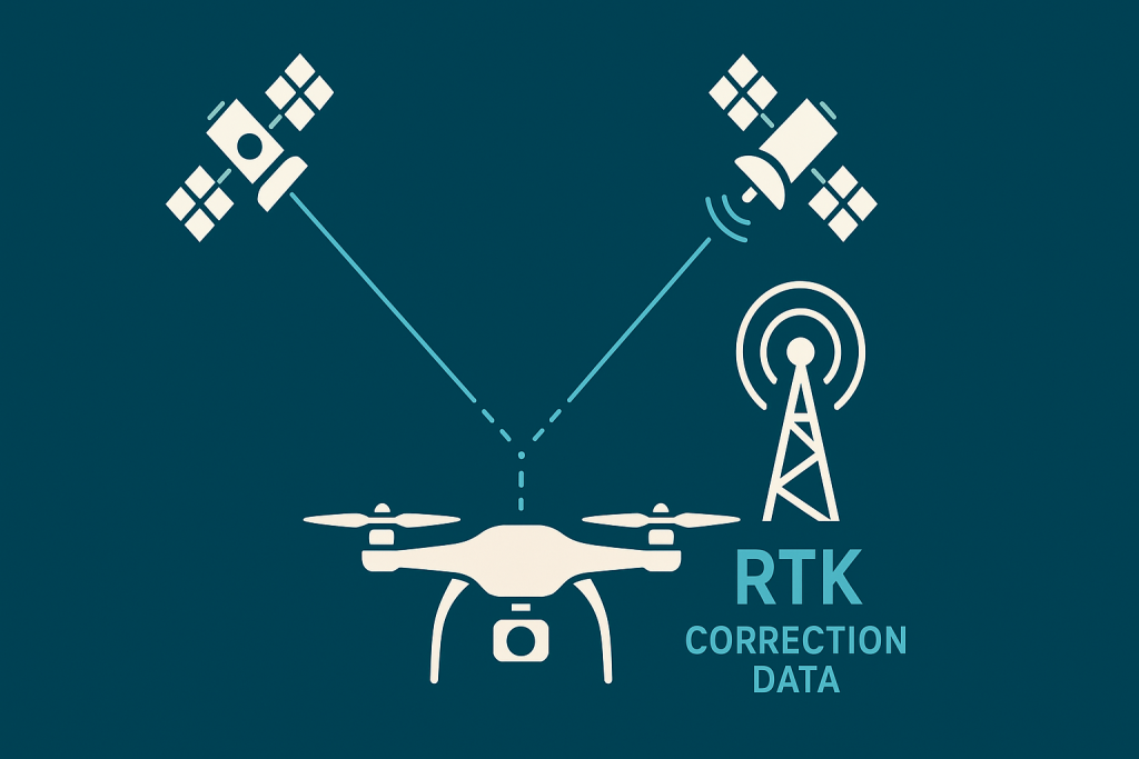 RTK Grafik: Drohne, Satelliten und Sendemast zur zentimetergenauen Vermessung mit Korrekturdaten – TechPic