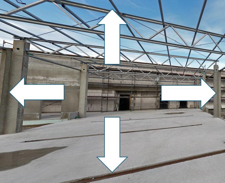 easerbild für eine 360°-Panoramaansicht einer Industriehalle im Rohbau. Pfeile zeigen mögliche Blickrichtungen an und verlinken zu einer interaktiven Panorama-Ansicht.