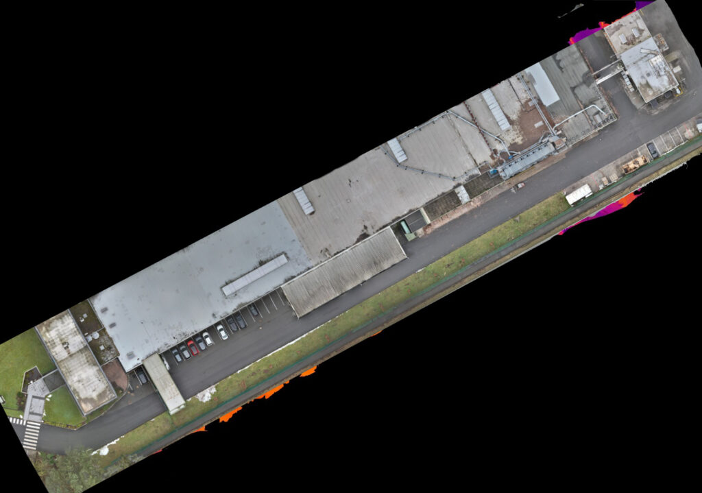 Vermessungsgenaues Orthofoto eines Industrieareals, erstellt mit RTK-gestützter Drohnentechnik