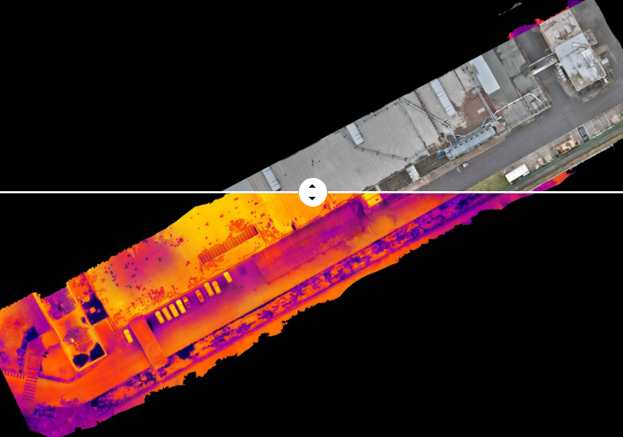 Thermal- und RGB-Drohnenaufnahme eines Industriegebäudes zur technischen Dokumentation.