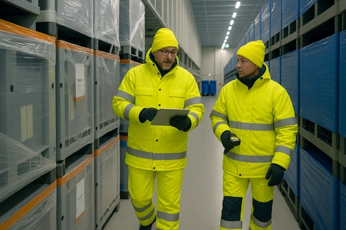 Zwei Mitarbeiter in Hi-Vis-Schutzkleidung inspizieren ein Kühlhaus – Symbol für Thermografie und Energieeffizienz in Kälteanlagen.