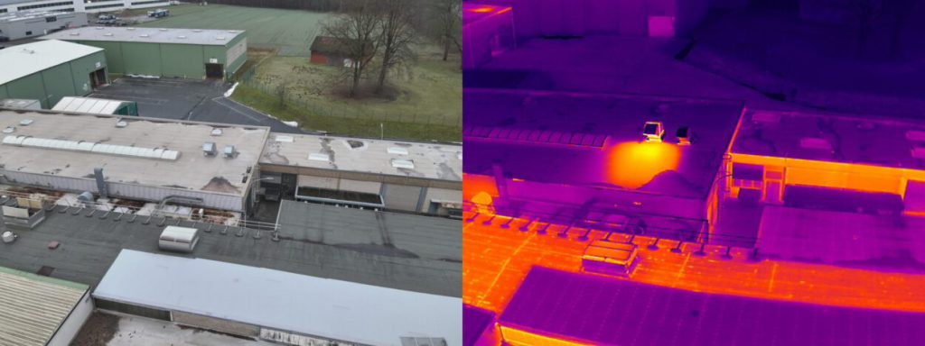 Drohnen-Thermografie eines Industriegebäudes mit sichtbaren Wärmeverlusten am Dach im Vergleich zur Normalaufnahme
