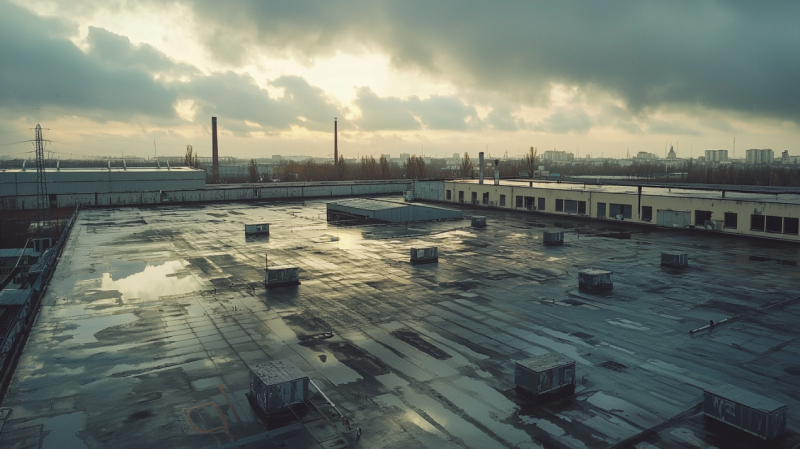 Industriedach einer Logistikhalle mit Wasseransammlungen nach Regen, aufgenommen per Drohne zur Analyse von Entwässerungsproblemen