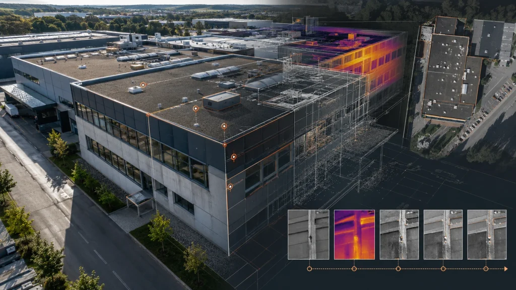 Industriegebäude mit 3D-Modell, Thermografie und strukturierter digitaler Gebäudedokumentation